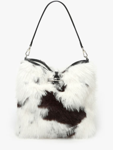 Longchamp Roseau toile fourrure Besace Blanc